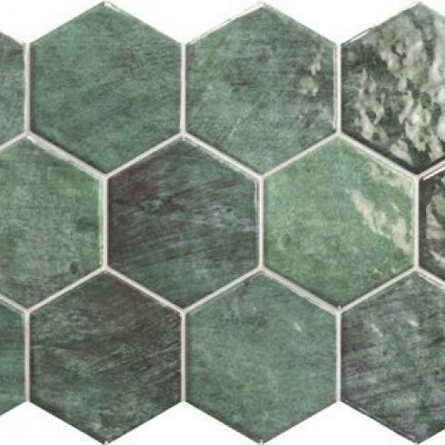     Hexagon donkergroen glanzend gemêleerd 10 x10 op tegel 26,5 x 51 cm per m2
