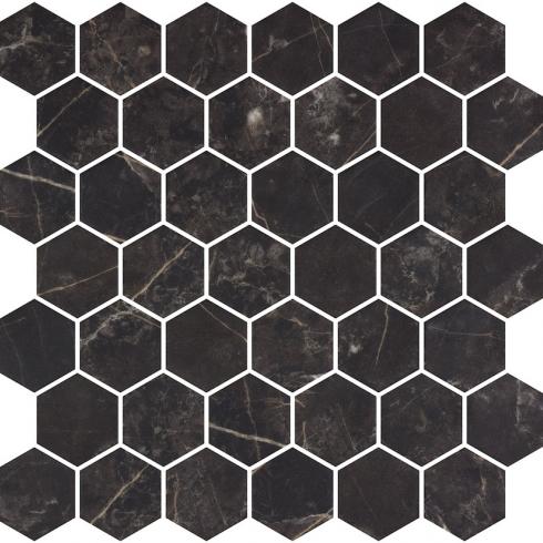     Hexagon XL glasmozaiek antislip marmerlook zwart gemêleerd mat 5 x 5 cm op matje per 0,49 m2
