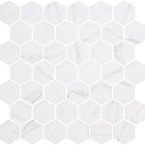     Hexagon XL glasmozaiek antislip carrara marmerlook venato wit mat 5 x 5 cm op matje per 0,49 m2
